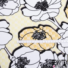 Jersey viscose imprimé grand pavot noir et blanc fond fantaisie citronnade lin blanc