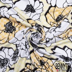 Jersey viscose imprimé grand pavot noir et blanc fond fantaisie citronnade lin blanc