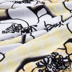 Jersey viscose imprimé grand pavot noir et blanc fond fantaisie citronnade lin blanc