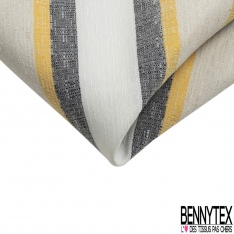Coupon 3m stretch polyester polyamide lin élasthanne tailleur fine et large rayure horizontale noir jaune vibrant angora crème