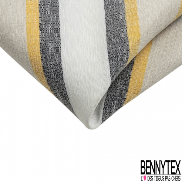 Coupon 3m stretch polyester polyamide lin élasthanne tailleur fine et large rayure horizontale noir jaune vibrant angora crème