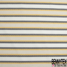 Coupon 3m stretch polyester polyamide lin élasthanne tailleur fine et large rayure horizontale noir jaune vibrant angora crème
