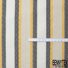 Coupon 3m stretch polyester polyamide lin élasthanne tailleur fine et large rayure horizontale noir jaune vibrant angora crème
