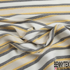 Coupon 3m stretch polyester polyamide lin élasthanne tailleur fine et large rayure horizontale noir jaune vibrant angora crème