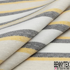 Coupon 3m stretch polyester polyamide lin élasthanne tailleur fine et large rayure horizontale noir jaune vibrant angora crème
