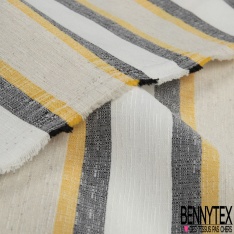 Coupon 3m stretch polyester polyamide lin élasthanne tailleur fine et large rayure horizontale noir jaune vibrant angora crème