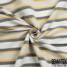 Coupon 3m stretch polyester polyamide lin élasthanne tailleur fine et large rayure horizontale noir jaune vibrant angora crème