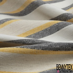 Coupon 3m stretch polyester polyamide lin élasthanne tailleur fine et large rayure horizontale noir jaune vibrant angora crème
