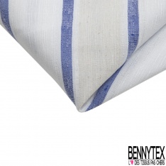 Coupon 3m stretch polyester polyamide lin élasthanne tailleur fine et large rayure horizontale bleu vif angora crème