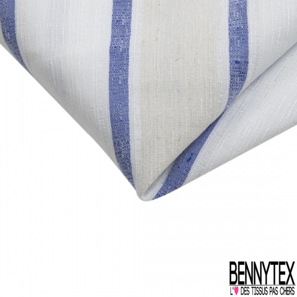 Coupon 3m stretch polyester polyamide lin élasthanne tailleur fine et large rayure horizontale bleu vif angora crème