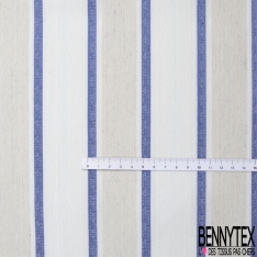 Coupon 3m stretch polyester polyamide lin élasthanne tailleur fine et large rayure horizontale bleu vif angora crème