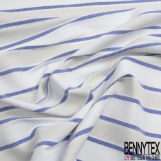 Coupon 3m stretch polyester polyamide lin élasthanne tailleur fine et large rayure horizontale bleu vif angora crème