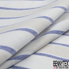 Coupon 3m stretch polyester polyamide lin élasthanne tailleur fine et large rayure horizontale bleu vif angora crème