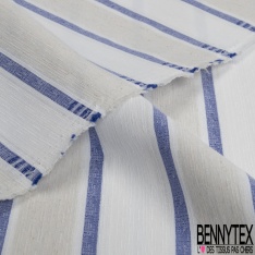 Coupon 3m stretch polyester polyamide lin élasthanne tailleur fine et large rayure horizontale bleu vif angora crème