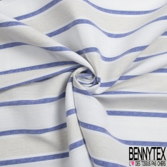 Coupon 3m stretch polyester polyamide lin élasthanne tailleur fine et large rayure horizontale bleu vif angora crème