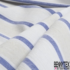 Coupon 3m stretch polyester polyamide lin élasthanne tailleur fine et large rayure horizontale bleu vif angora crème