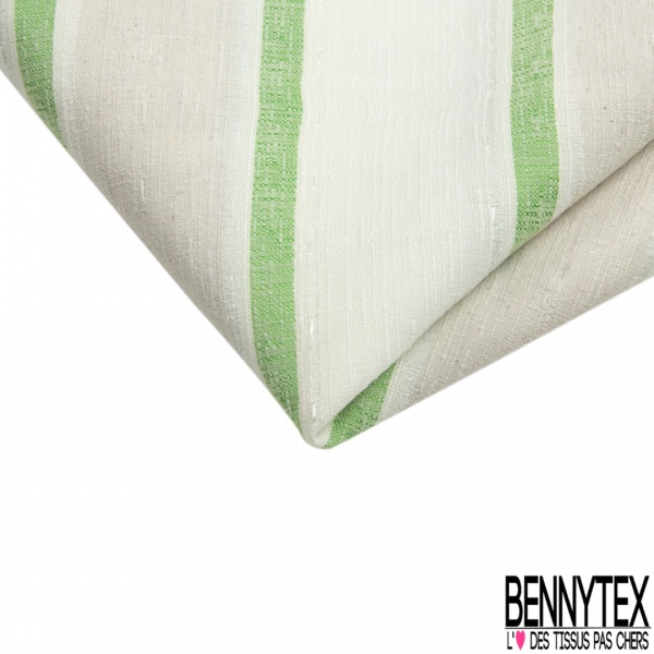 Coupon 3m stretch polyester polyamide lin élasthanne tailleur fine et large rayure horizontale vert brésil angora crème