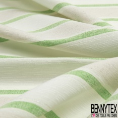 Coupon 3m stretch polyester polyamide lin élasthanne tailleur fine et large rayure horizontale vert brésil angora crème