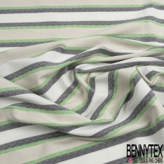 Coupon 3m stretch polyester polyamide lin élasthanne tailleur fine et large rayure horizontale noir vert brésil angora crème