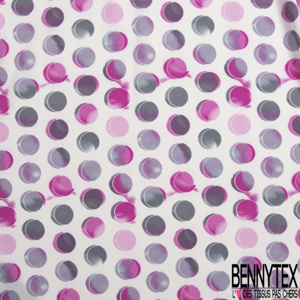 Polyester élasthanne fin imprimé gros pois 3D perle enfûmée violet rôsatre fond blanc discret
