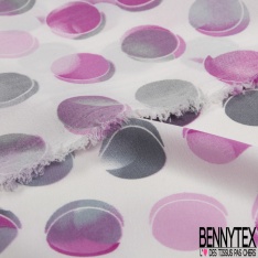 Polyester élasthanne fin imprimé gros pois 3D perle enfûmée violet rôsatre fond blanc discret