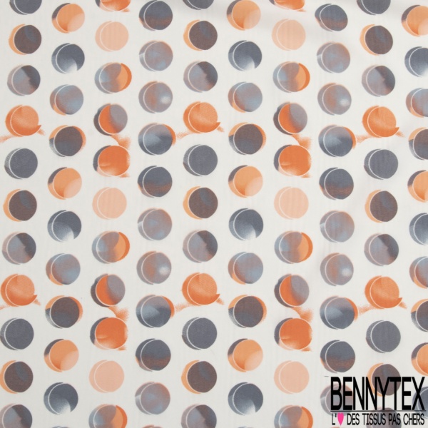 Polyester élasthanne fin imprimé gros pois 3D perle enfûmée corail fond blanc discret