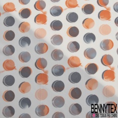 Polyester élasthanne fin imprimé gros pois 3D perle enfûmée corail fond blanc discret