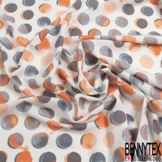 Polyester élasthanne fin imprimé gros pois 3D perle enfûmée corail fond blanc discret