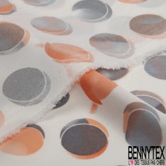 Polyester élasthanne fin imprimé gros pois 3D perle enfûmée corail fond blanc discret