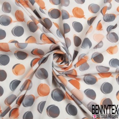 Polyester élasthanne fin imprimé gros pois 3D perle enfûmée corail fond blanc discret
