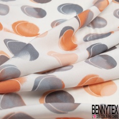Polyester élasthanne fin imprimé gros pois 3D perle enfûmée corail fond blanc discret