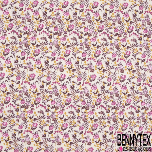 Coton imprimé fleur sauvage multicolore pastel blanc fond pourpre