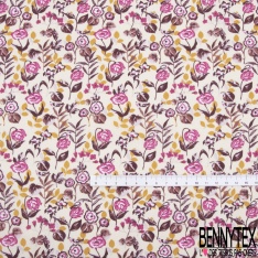 Coton imprimé fleur sauvage multicolore pastel blanc fond pourpre