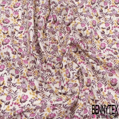 Coton imprimé fleur sauvage multicolore pastel blanc fond pourpre