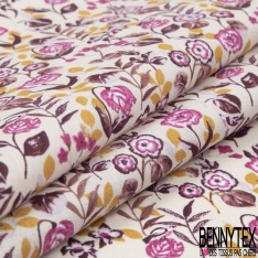 Coton imprimé fleur sauvage multicolore pastel blanc fond pourpre
