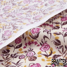 Coton imprimé fleur sauvage multicolore pastel blanc fond pourpre