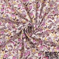 Coton imprimé fleur sauvage multicolore pastel blanc fond pourpre