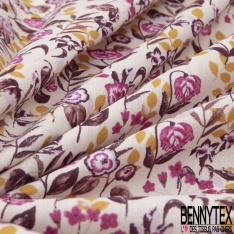Coton imprimé fleur sauvage multicolore pastel blanc fond pourpre
