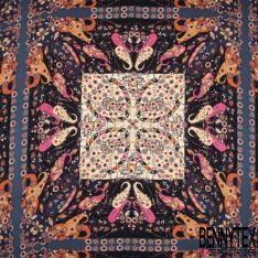 Crêpe polyester élasthanne imprimé grand patchwork cachemire ton indigo marine orange rose