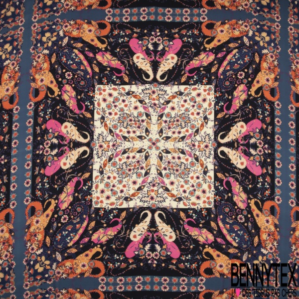 Crêpe polyester élasthanne imprimé grand patchwork cachemire ton indigo marine orange rose