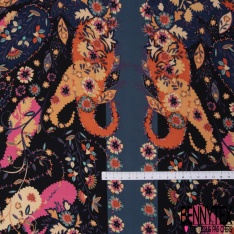 Crêpe polyester élasthanne imprimé grand patchwork cachemire ton indigo marine orange rose