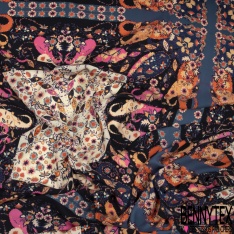 Crêpe polyester élasthanne imprimé grand patchwork cachemire ton indigo marine orange rose