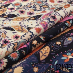 Crêpe polyester élasthanne imprimé grand patchwork cachemire ton indigo marine orange rose