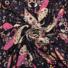 Crêpe polyester élasthanne imprimé grand patchwork cachemire ton indigo marine orange rose