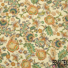 Crêpe polyester imprimé grand patchwork cachemire ton indigo marine orange rose