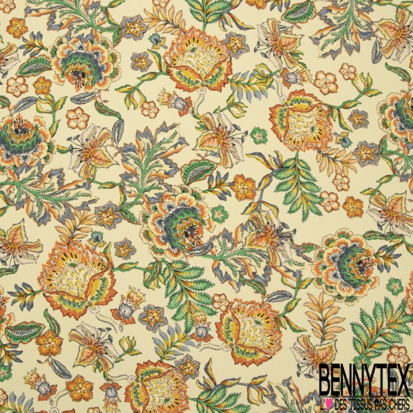 Crêpe polyester imprimé grand patchwork cachemire ton indigo marine orange rose