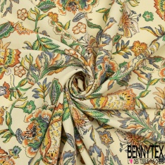 Crêpe polyester imprimé grand patchwork cachemire ton indigo marine orange rose