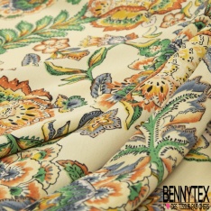 Crêpe polyester imprimé grand patchwork cachemire ton indigo marine orange rose