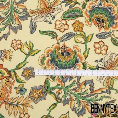 Crêpe polyester imprimé grand patchwork cachemire ton indigo marine orange rose