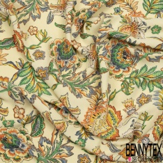 Crêpe polyester imprimé grand patchwork cachemire ton indigo marine orange rose